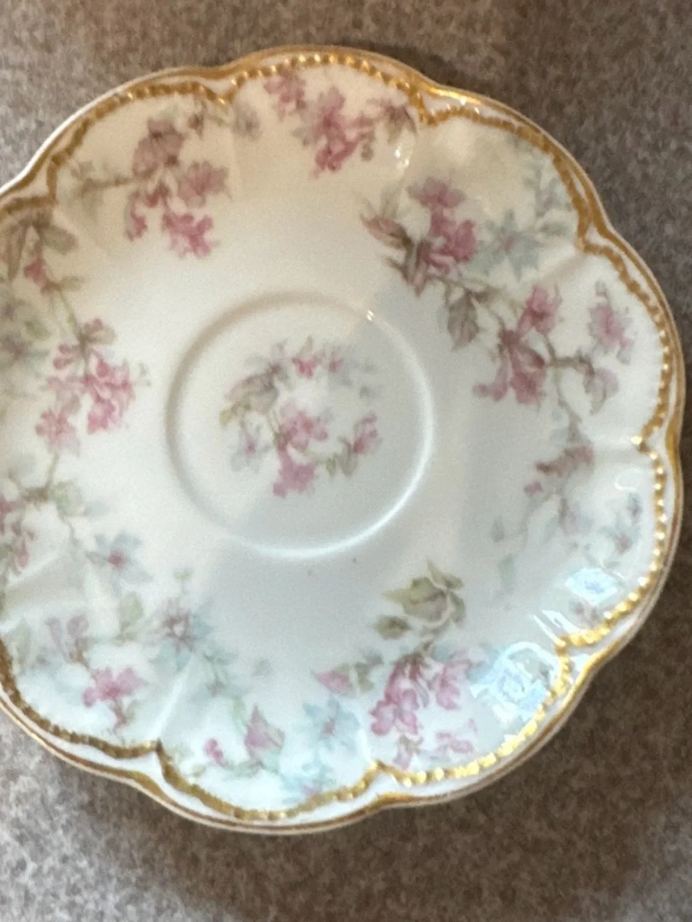 Haviland Pink Floral Scalloped Porcelain Saucer with Gold Trim